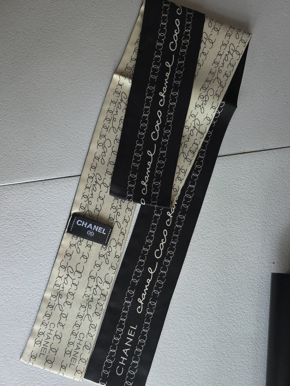 CHANEL Black and Cream Signature Silk Scarf Band